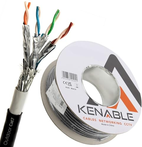 kenable Direct Burial CAT7 Outdoor Ethernet Cable | 100% Copper 23AWG | Weatherproof UV Resistant | Gel Filled Double Sheath | 10 Gigabit 600MHz | 50m Black