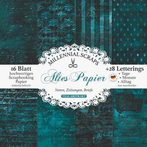 Altes Papier Noten, Zeitungen, Briefe TEAL ANTIK: Scrapbooking Decoupage Papier & Junk Journal Zubehör I Zum Ausschneiden I Mit Letterings I Karten Basteln DIY Geschenk I Tagebuch Deko