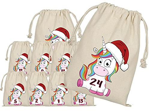 Adventskalender zum Befüllen, 24 Adventskalender Stoffbeutel, Bedruckt, Einhorn, Unicorn, Weihnachten Geschenksäckchen,Säckchen, DIY, Weihnachtskalender