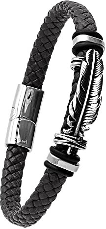 Rocker Men's Jewellery Braided Genuine Leather Bracelet with Stainless Steel Spring and Magnetic Clasp, Leather and stainless steel