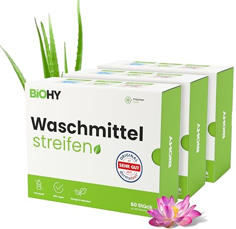 BiOHY Feuilles de détergent (3 x 60 pièces) | Détergent de voyage UNIVERSEL durable sans plastique | Papier lavant 100% biodégradable | Bandes détergentes hydrosolubles pour lave-linge (Wasch Blätter)
