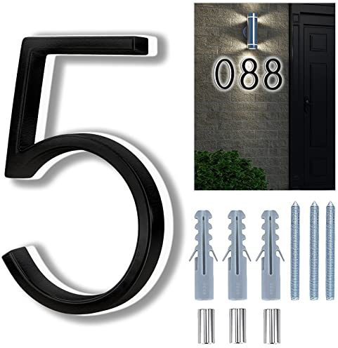 Backlit LED Home Address Numbers, 8 Inch House Numbers, Stainless Steel Hand-Polished Waterproof for House Address Signs, Lighted House Numbers for Outside Modern, Low-Voltage, Yard, Shop (5, Black)