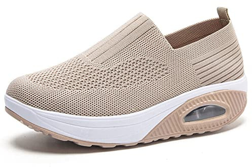 Dfcdcoo Ortopediska sneakers för kvinnor, ortopediska sneakers, luftkudde slip-on promenadskor plattform nät sneakers sandaler (beige, 39)