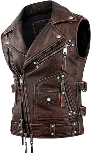 Cheemaz Men’s Vintage Negan Cowhide Brown Biker Riding sleeveless Motorcycle Leather Vest (as1, alpha, x_l, regular, regular, Brown)