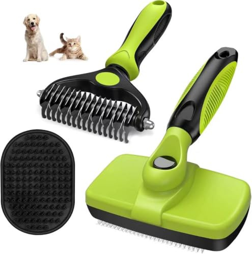 3PCS Self Cleaning Slicker Brush & Pet Grooming Rake & Flea Comb for Dogs, Cats and Horses | Skin Friendly Deshedding Grooming Tool & Double-Sided Dematting Comb | Premium Pet Supplies