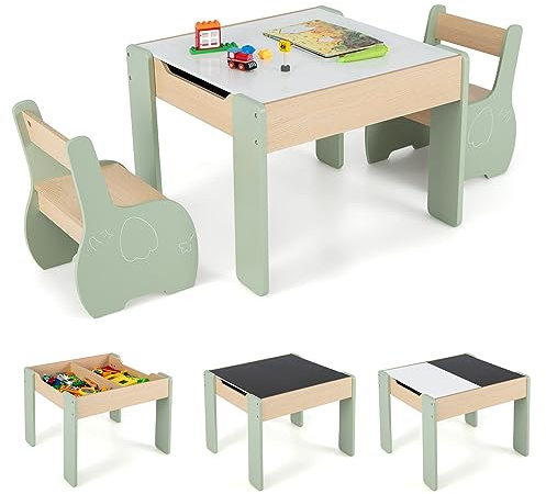 COSTWAY 4 en 1 Juego de Mesa y Silla Infantil, Mesa Infantil de Madera con 2 sillas, Manualidades, Dibujo, Lectura, Mesa Escritorio Infantilcon Almacenaje, Pizarra Desmontable para Guardería (Verde)