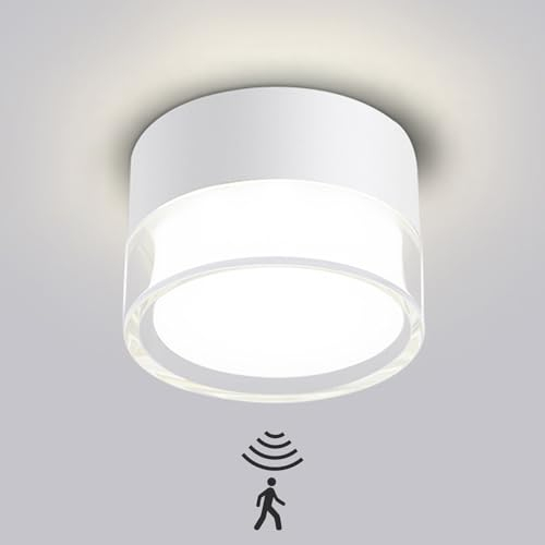 QHENS Plafonnier LED Spot en Saillie avec Détecteur de Mouvement, 12W 4000K Ronde Spot de Plafond en Aluminium Moderne, Ø10x6cm, 230V, 960LM (White)
