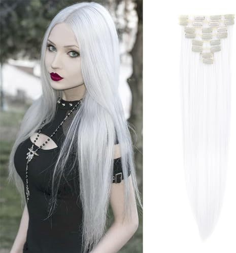 Dcbaboo Clip in Extensions hårdel hårförlängning slät 8 st 60 cm förlängningsklämma i hårförlängningar som äkta hår, prisvärd hårförlängning syntetisk lång, vit