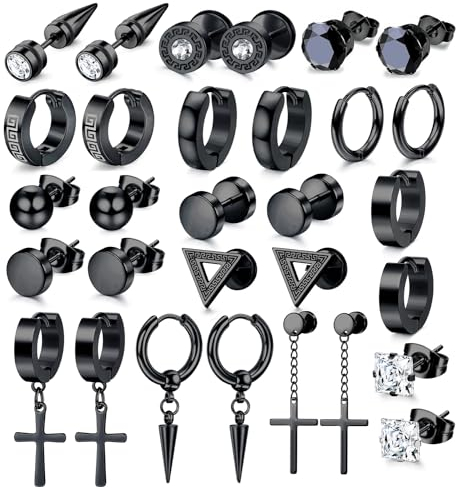 JeweBella 15 Paar Ohrringe Herren Edelstahl Ohrstecker Set Ohrringe Creolen Hypoallergen Zirkonia Ohrstecker Kreuz Baumelnde Ohrringe Piercing Knorpel Ohrringe Schwarz/Silber für Männer Damen