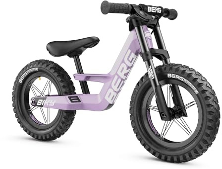 BERG Biky Cross - Bicicletta viola con freno a mano a partire dai 2 anni, con pneumatici, telaio leggero in magnesio, 12 pollici, bicicletta per bambini, sella regolabile in altezza