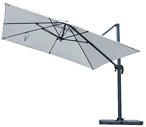 The Fellie 3 * 3M Large 360° Rotation Garden Parasol with 4-Piece Base(60L), Outdoor Cantilever Hanging Sun Shade Canopy Adjustable Angle Patio Banana Umbrella, 30+ UV Protection, Light Grey