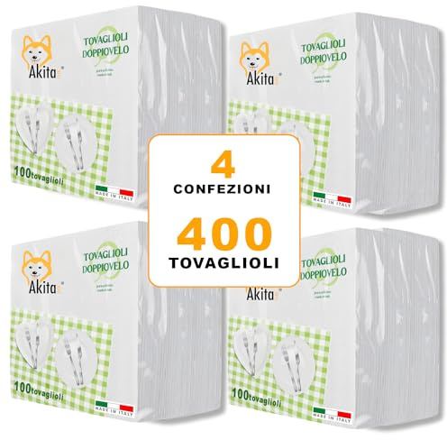 Tovaglioli doppio velo 400 Tovaglioli 2 veli Akitaink - 4 Confezioni da 100 con Decorazioni Originali, 100% Pura Cellulosa Certificata FSC, Made in Italy