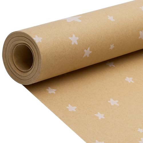 Christmas Kraft Wrapping Paper Roll, 43cm x 15M Roll Package Gift Wrapping Paper Printed with White Stars for Christmas, Birthday, Wedding, Helloween party Gift Wrap