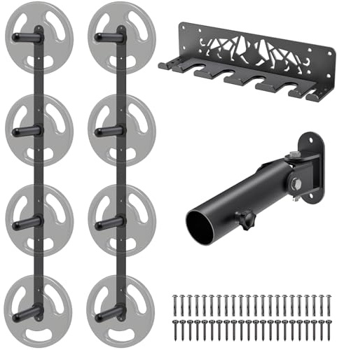 Kipika Gym organiseringsset – väggmonterad 4 pinnar viktplatta förvaringsställ (2-pack), skivstångsförvaringsställ med T-stång linje landmine plattformsfäste – hållbar stålkonstruktion, enkel