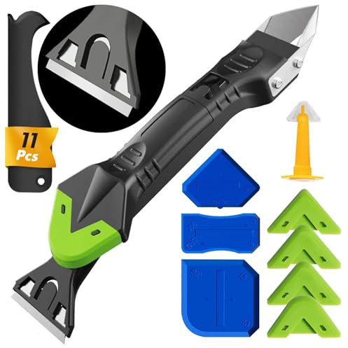 FOLAI Silikonentferner Werkzeug Fugenglätter Silikon Abzieher für Silikonfugen, Entferner-Edelstahlkopf & 5 Silikonersatz & 4 Fugenschaber-Pads für Küche, Bad, Wand, Boden, Fliesen, …