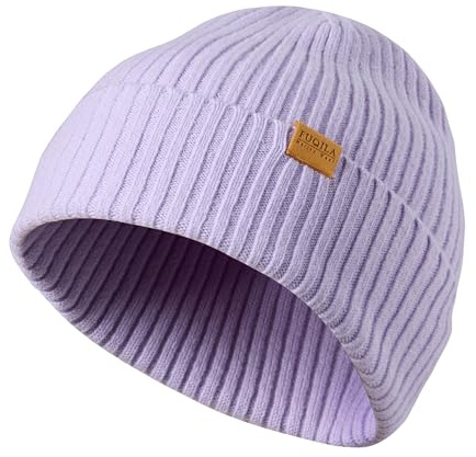 FUQILA Beanie-Mütze aus 100% Merinowolle, Unisex, warm, weich, atmungsaktiv und gemütlich, dehnbar, Strickmütze mit Bündchen, Helles Violett, Einheitsgre