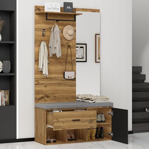 Ymkua Garderobenset Wandgarderobe, Flurgarderobe Set mit Schuhbank, Spiegel und Kissen, Garderoben Set mit 4 Kleiderhaken, Schubladen und Türen, Kompaktgarderobe, 104L x 38,5B x 190H cm