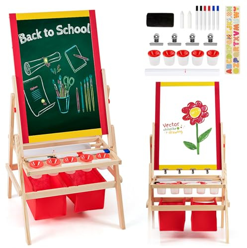HOMASIS 3 in 1 Kindertafel doppelseitig, Holz Staffelei mit Kreidetafel & Whiteboard, höhenverstellbare Kinderstaffelei mit Zeichenpapier & 2 Aufbewahrungsboxen, Maltafel für Kinder ab 3 Jahren