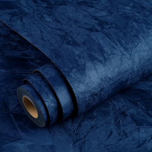 YENHOME Papier Peint Auto-adhésif Velours Bleu Pour Salon 60x300cm Papier Peint Adhesif Mural Chambre Decoratif Floqué Bleu Foncé Velours Pour Decoratif Escalier Armoire Meuble Tiroirs