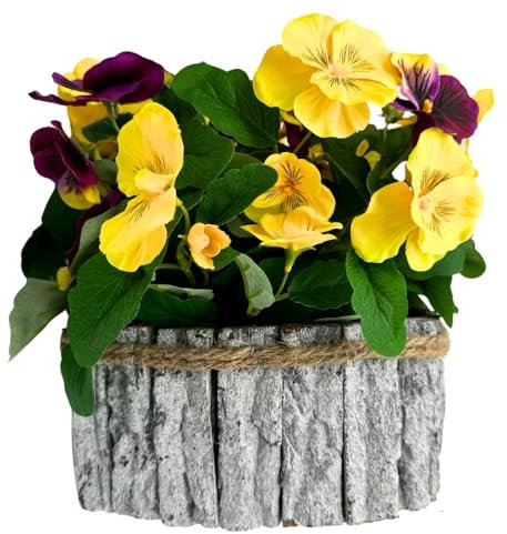 Blumentopf Kunstgesteck mit Stiefmütterchen in Gelb Lila, im Herz Form Topf aus Naturholz | 17x25cm realistisch, liebevoll handmade | für Friedhof & Wohnungsdeko, Innen und Außenbereich