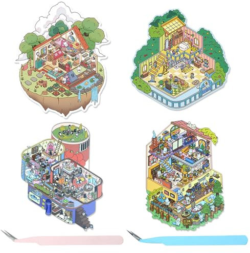 TYXHXTF 4PCS Lindo Fun Cartoon 3D Sticker Scene, Diy 3D Casa Pegatinas Reutilizables, 3D Fiesta en la Casa del árbol para Escenas de Bricolaje (Con Pinzas)