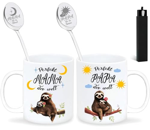 Mama Papa Tasse, Geschenk Eltern, Kaffee Tasse 350ml mit Löffel, mit Spruch Perfekt Papa Mama der Welt, Kaffee-Tasse Faultier, für Weihnachten Geburtstag Muttertag Vatertag Geschenk