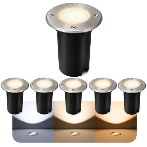 SSC-LUXon KALPA Bodeneinbaustrahler 6er Set silber GU10 5W 3 Lichtfarben | Sechs befahrbare Erdstrahler bis 2000kg - warm / neutral / kalt, reihenschaltbar für Wege & Terrasse, IP67, inkl. GU10 LED