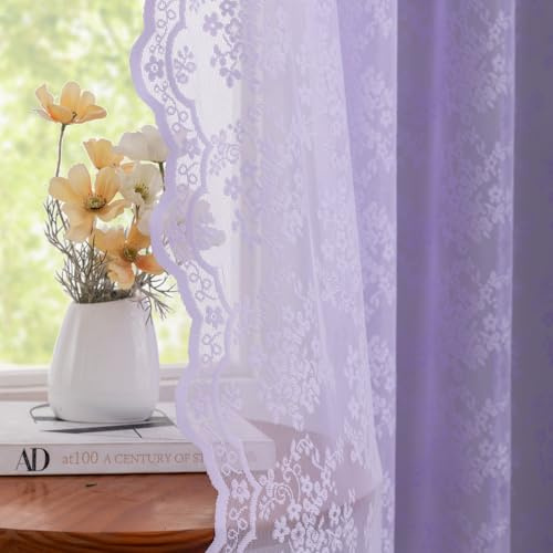 Lavender Curtains for Bedroom Girls 2 Panels Set Light Purple Sheer Lace Curtains 63 Inch Length French Country Floral Voile Sheer Panels for Kitchen Living Room Lilac W52 x L63
