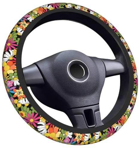 KOQAIIZ Housse Volant Voiture Motif Marguerite, Protection Volant Universel, 38 cm, Coloré, Fibre synthétique