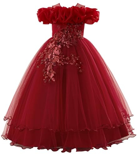 SoLu DAY8 Robe Princesse Fille sans Bretelles 7-12 Ans Tulle Robe de Soirée Fille Cérémonie Cocktail Mariage Chic et Elegant Glamour Pas Cher Confortable Vacances Dress (12 Ans, Rouge)