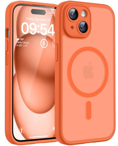 TOCOL für iPhone 15 Hülle, Kompatibel mit MagSafe, Matt Orange | Eingebauter Magnetring, Vollständiger Kameraschutz, Militärschutz Stoßfest Kratzfest Haltbarkeit, Durchscheinend Rückseite