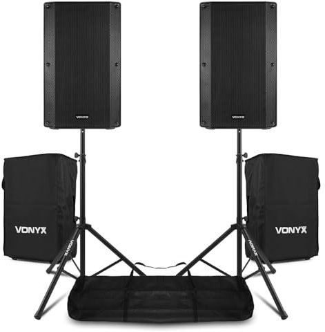VONYX VSA12BT 12 1600W Active PA Speaker System with Bluetooth, Speaker Stands & Protective Covers - Complete DJ Sound Setup for Parties & Events