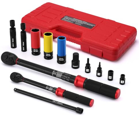 MIXPOWER Jeu de 13 clés dynamométriques à 72 dents 1/2 et 3/8, 20-220 Nm, 5-60 Nm, avec barre d'extension, adaptateur, douille à choc de roue, douille à bougie magnétique, embouts Torx et douilles