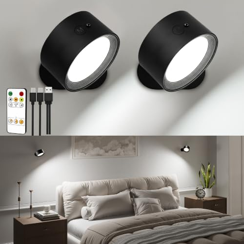 EZVALO LED Wall Lights, 2000mAh Rechargeable Wall Lights Indoor, 3 Color Temps with Remote and Touch Control, 360°Rotation Dimmable Cordless Wall Light for Living Room Bedroom (Black, 2 Pack)