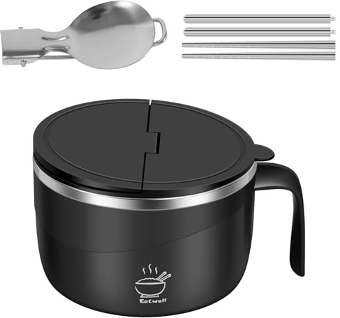 Cuenco de fideos instantáneos de acero inoxidable, 1200 ml, cuenco de ramen con tapa, cuenco de pasta de agua filtrable para escuelas, dormitorios, hogares, oficinas (negro)