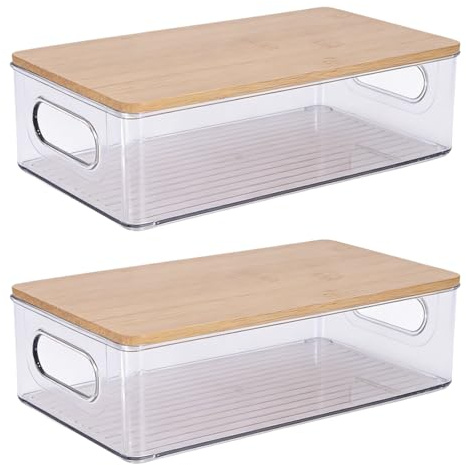 Gzsekken Plastic Storage Bins 2 Pack Kitchen Storage Box Stackable Cabinet Shelf Organiser with Bamboo Lid Kitchen Pantry Cabinet Perfect Snack Organisation- Clear/Natural-M
