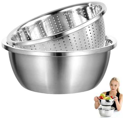 LOMUG Nudelsieb aus Edelstahl, Küchensieb mit Edelstahlschüsseln, Waschschüssel für Reis, Siebschüssel set für Spaghetti Gemüse Obst Salat (kein Deckel, Ø22 cm)
