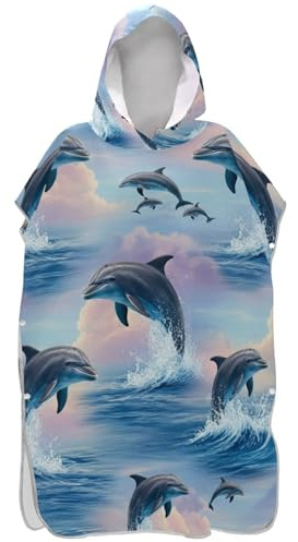 Joitme Surf Poncho Adults Changing Robe Beach Hooded Bath Towel Wearable Dolphins Leaping Ocean Mens Poncho with Hood One Size