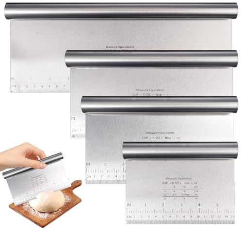Set of 4 Stainless Steel Dough Scrapers, 15/20/22/30 cm Dough Cutter with Measuring Scale, Dough Spatula with Measuring Scale, Vegetable Scoop, Dough Card, Stainless Steel, Kitchen Spatula, for Cake