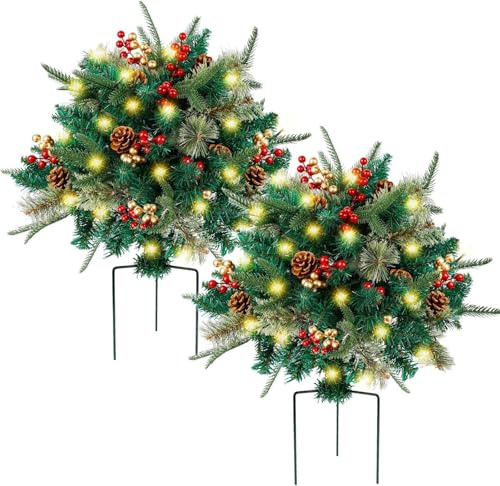 Prelit - Arbustos de maceta de Navidad, pinos artificiales iluminados con conos y bayas, decoración navideña para porche delantero al aire libre, juego de 2