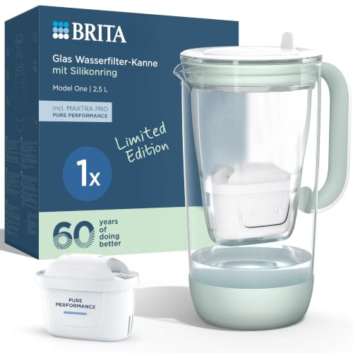 BRITA MAXTRA Glas-Wasserfilter Kanne inkl. 1x Pure Performance Filter | Limited Edition Premium-Glaskanne, hellgrün (2,5l), Klappdeckel, LED Filterwechselanzeige, reduziert PFAS, Kalk, Metalle etc.