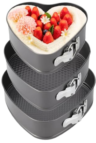 TIANLIN Set de 3 Moules à Charnière Coeur, Tailles 20/22/24 cm – Acier Carbone Revêtement Antiadhésif, Fond Amovible, Résiste jusqu’à 230°C – Pour Gâteaux, Quiches & Tartes