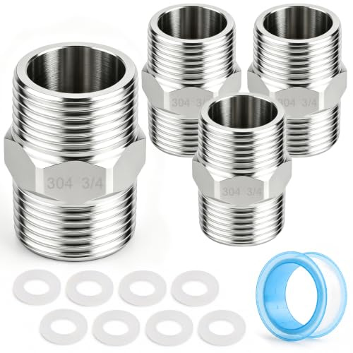 4 Racores Dobles de Acero Inoxidable de 3/4 con Rosca Acero Inoxidable 304 | Racores Roscados de 3/4 de Acero Inoxidable 304 Ideales para Líneas de Combustible Agua Mangueras de Ducha Grifos etc