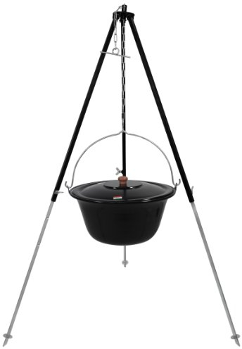 GRILLPLANET Original ungarischer Gulaschkessel 15 Liter emailliert | Dreibein-Gestell 130cm Teleskopgestell Kettenhöhenverstellung mit Gulasch-Topf, Suppentopf mit Deckel | Kesselgulasch Topf im Set