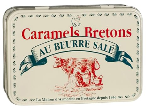 La Maison d'Armorine Französische salted Caramel Bonbons einzeln verpackt und nach traditioneller Handwerkskunst in der Bretagne hergestellt 150 g In einer Metall Geschenkbox
