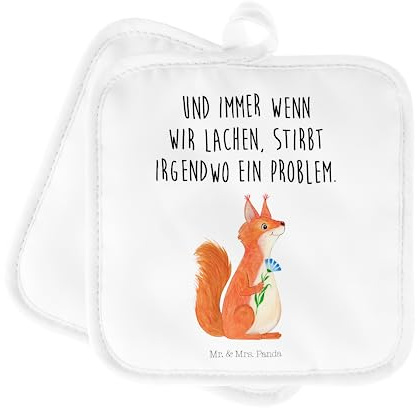 Mr. & Mrs. Panda 2er Set Topflappen Eichhörnchen Blume - Geschenk, Tiere, Topfuntersetzer, Topflappen mit Spruch, Ofenhandschuh, Spruch positiv,