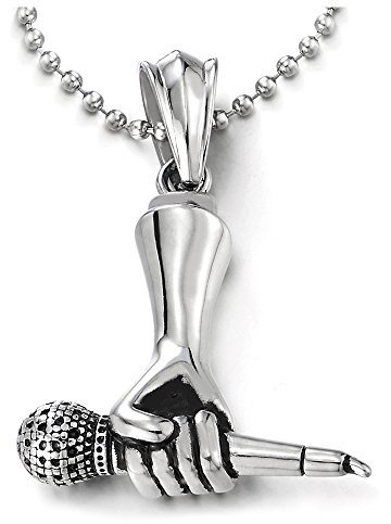 COOLSTEELANDBEYOND Mano Tenendo Microfono Ciondolo, Collana con Pendente Uomo Donna, Acciaio, Palla Catena 75CM