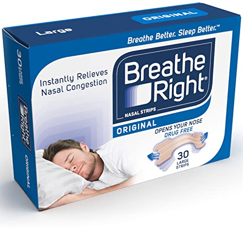 Breathe Right Beige Groß 30 Stück, Nasenstreifen für Schnarchen, Nasenstreifen zum Atmen, Blockierte Nasenentlastung, medikamentenfreie Schnarchhilfe für Männer und Frauen, Verpackung kann variieren