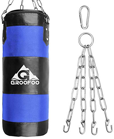 GROOFOO Boxningssäck, kraftig boxningssäck i oxford för barn och vuxna, ofylld påse med monteringskedja för boxningsträning, MMA, muay thai, blå, 100 x 33 cm