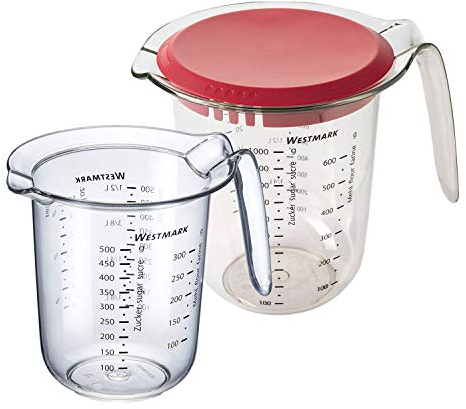 Westmark Set 2tlg., Messkannen 0,5 l und 1 l mit Deckel, mehrsprachige Messskalen, Kunststoff, Transparent/Rot, 306622E6